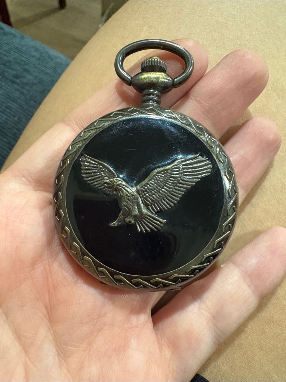 Benrus Pocket Watch Mens OS Bronze Good Eagle Hunter Case Black Enamel Quartz